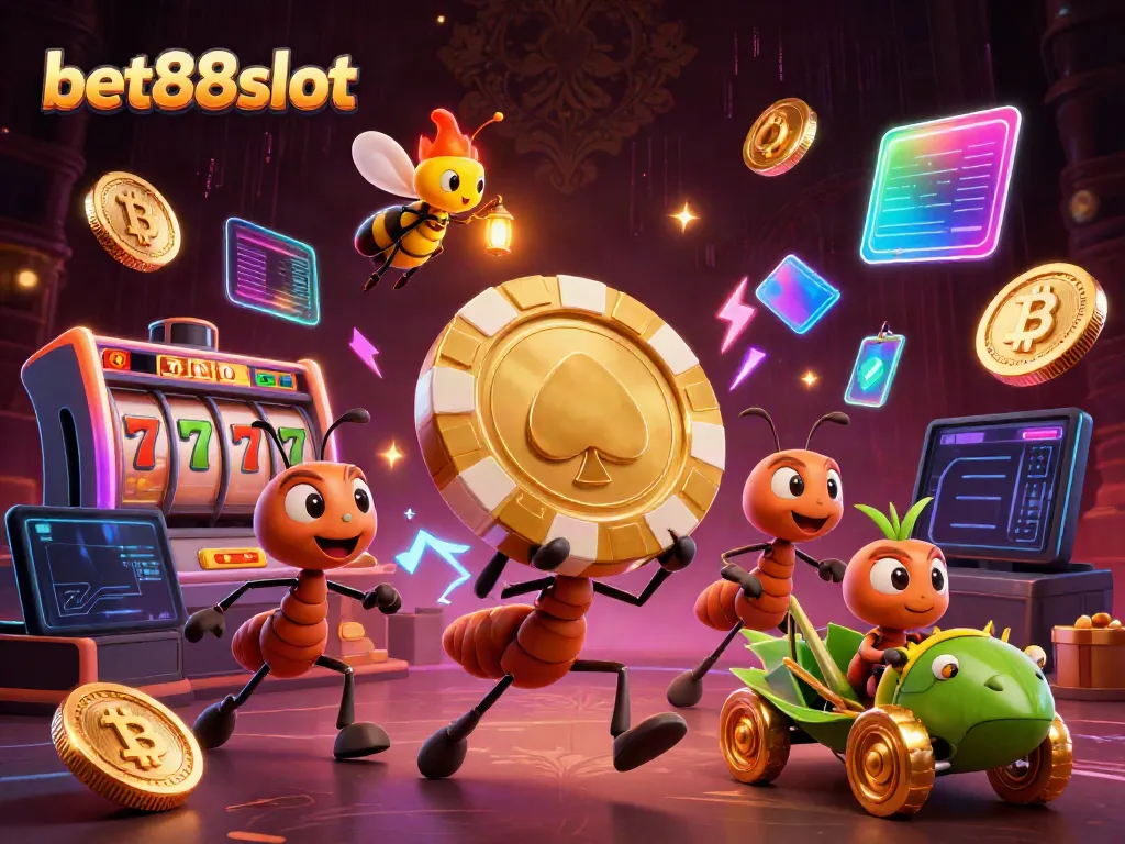 Experience the excitement of bet88slot as cartoon ants execute a heist in a vivid casino scene.