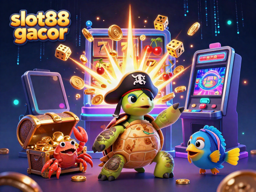 Experience the excitement of slot88 gacor with a vibrant 3D illustration of a pirate turtle and treasure-themed elements.