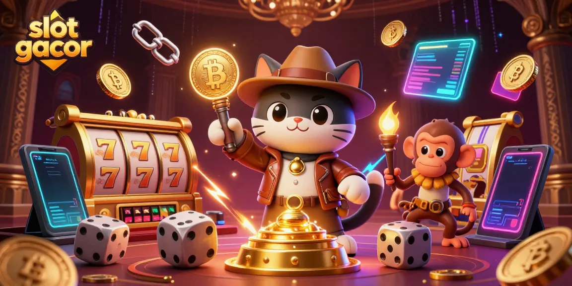 Experience thrilling slot gacor action with a cartoon explorer and a monkey in a vibrant casino-themed scene.