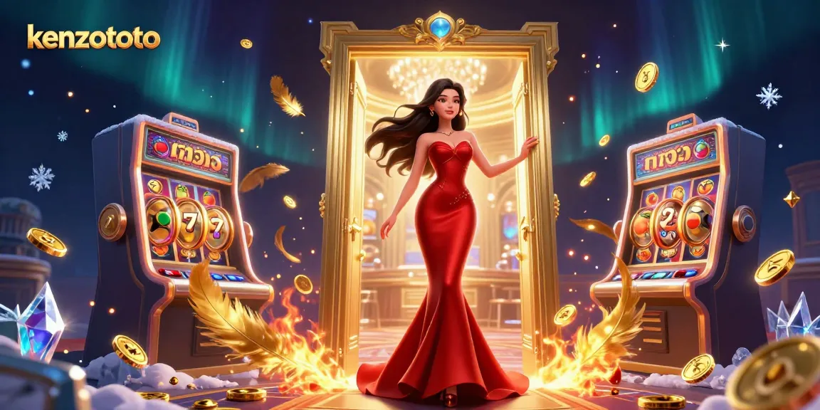 Experience the thrilling world of kenzototo with vibrant slot elements, dynamic settings, and a stunning woman guiding you through the casino.