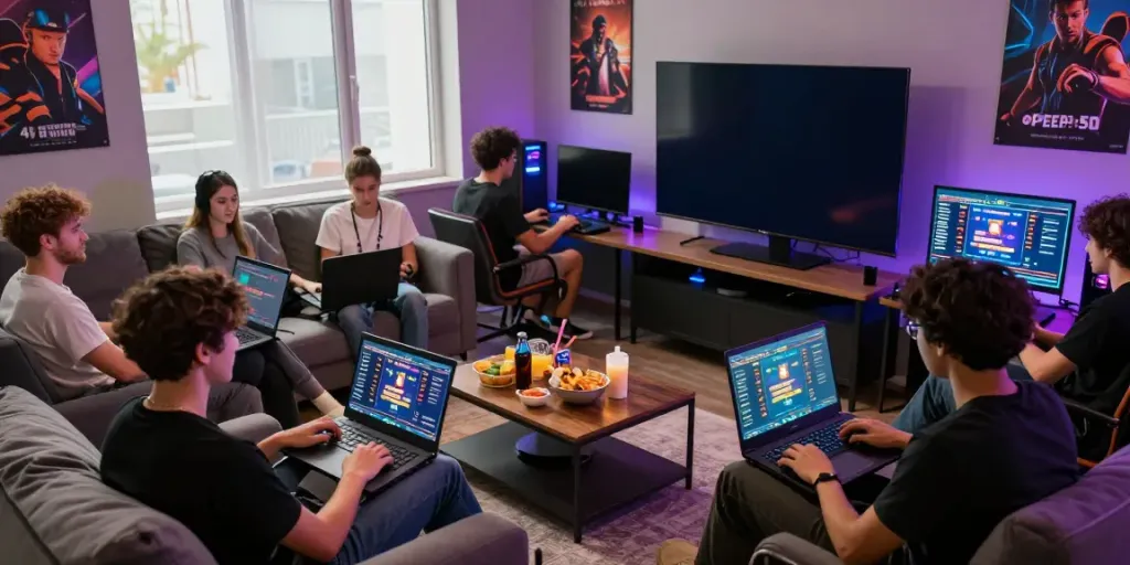 Engaged players exploring ahha4d lottery games in a lively gaming space.