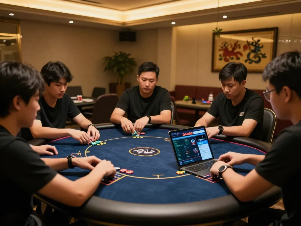Engaging online poker game at https://daga88.free/ with players using smartphones and laptops, highlighting the excitement of gambling.
