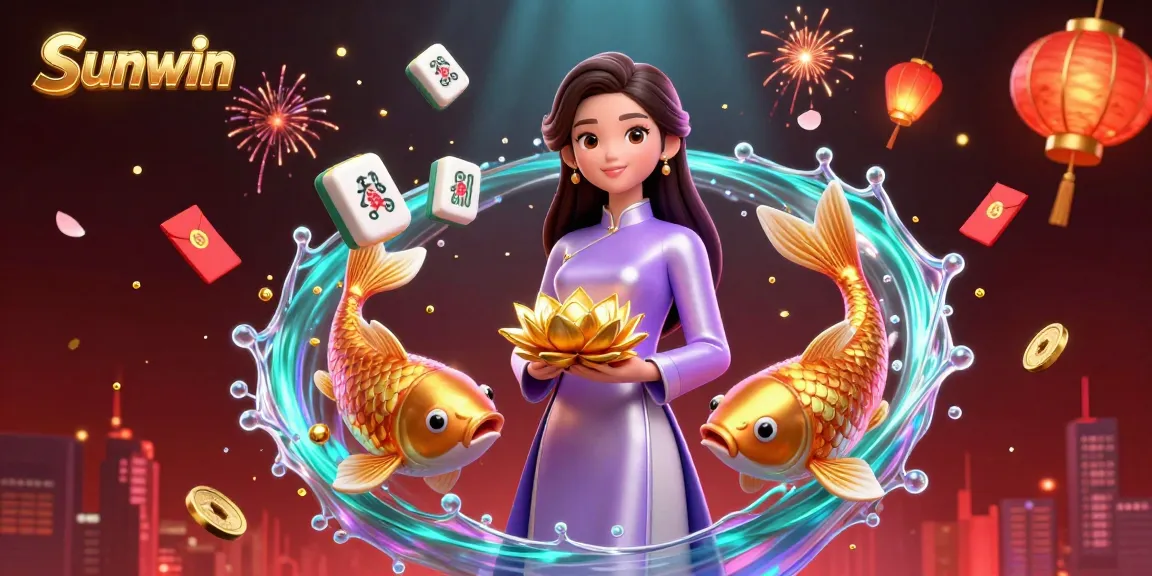 Engage with the vibrant Sunwin online casino scene featuring an elegant woman, koi fish, and festive elements.
