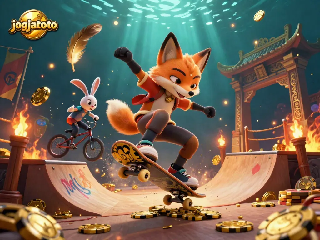 Experience excitement with jogjatoto as a fox skater performs tricks over golden poker chips.