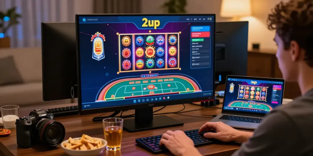 Immersive gaming experience at 2up casino, showing player and vibrant game interface.