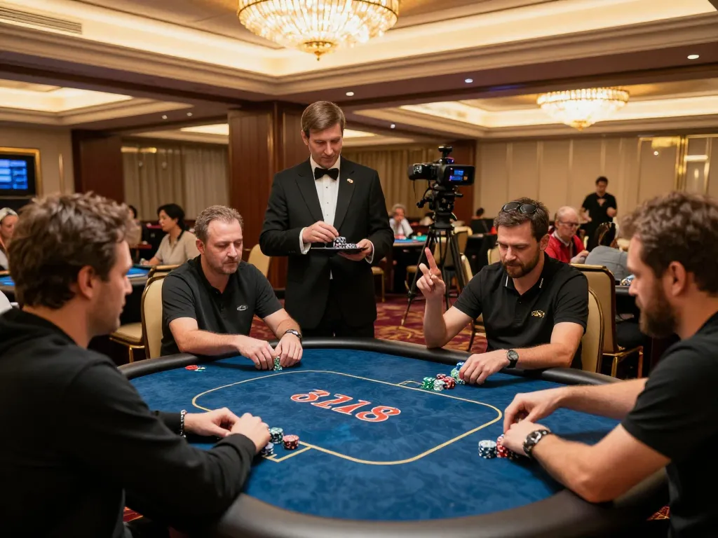 O8 players engaging in poker strategy at a lively casino table, capturing the excitement
