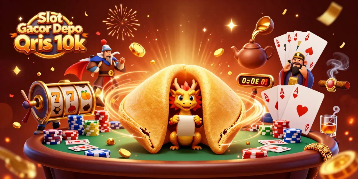Menangkan Slot Gacor Depo Qris 10k dengan simbol jackpot dan keberuntungan dalam ilustrasi yang meriah.
