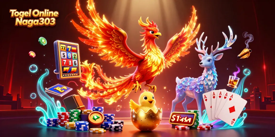Togel Online Naga303 showcases vibrant slot reels and a majestic phoenix illustrating gambling excitement.