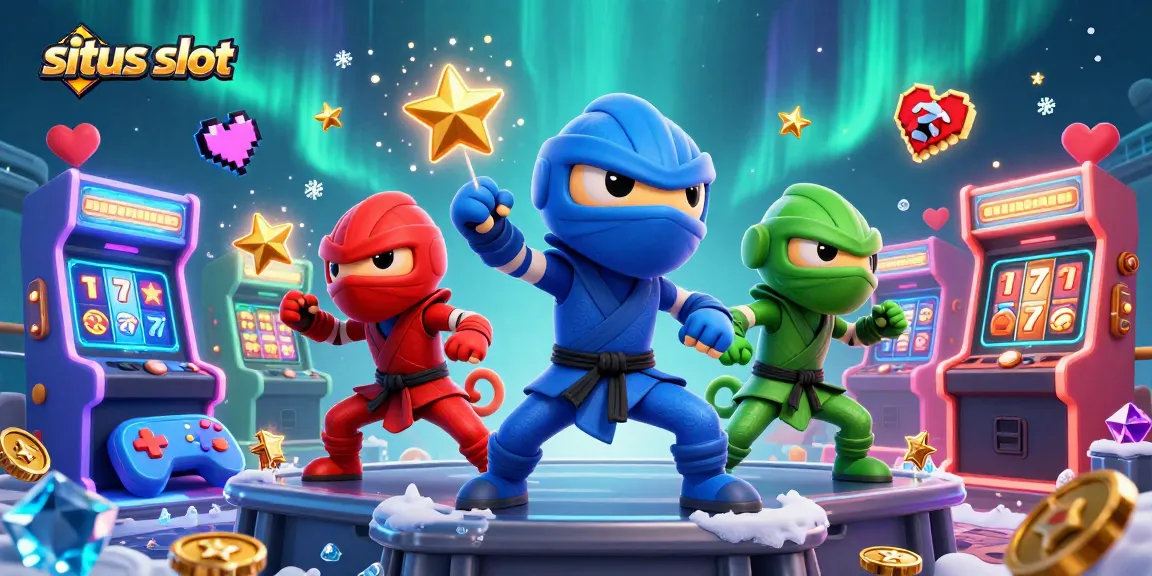 Situs slot illustration featuring ninja chameleons surrounded by jackpot elements and game icons.
