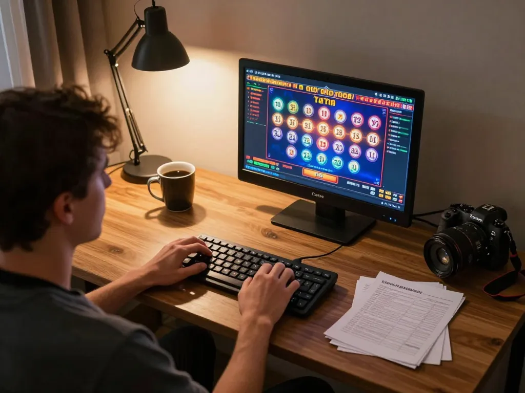 Player engaging with Bayitoto slot game on laptop in cozy home environment, showcasing strategic online gambling.