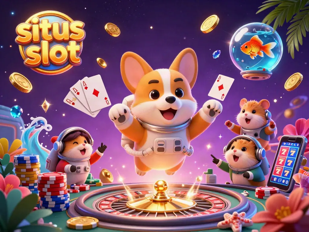 Menangi jackpot besar di situs slot dengan simbol keberuntungan yang mengelilingi permainan slot online.