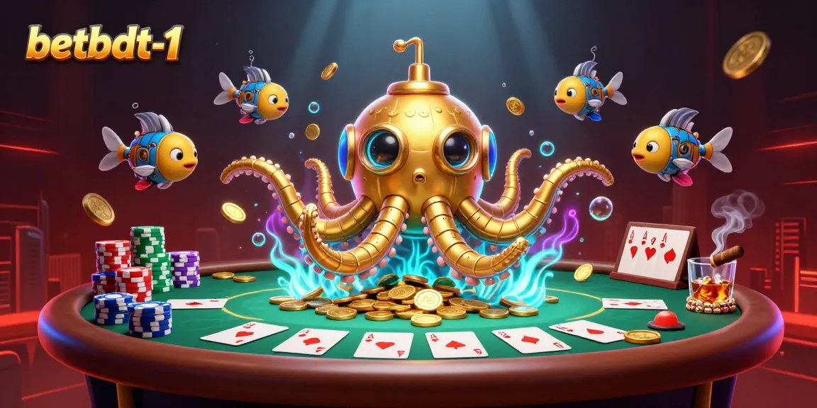 Engage in thrilling poker action with betbdt-1's spectacular kraken submarine scene above golden coins.