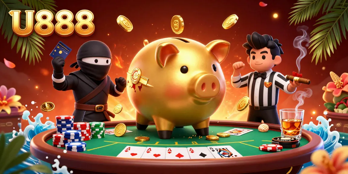 Experience the thrill of U888 with a golden piggy bank sumo wrestler and vibrant poker game elements.