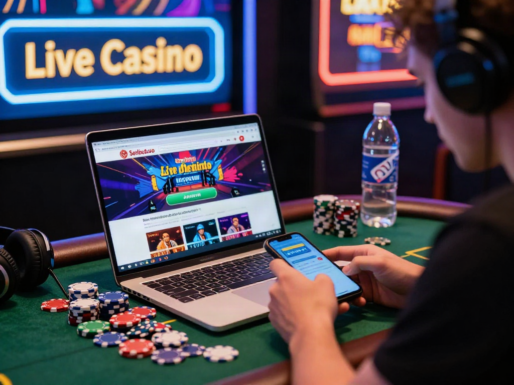 Engaged player exploring Seributoto online betting with vibrant casino ambiance