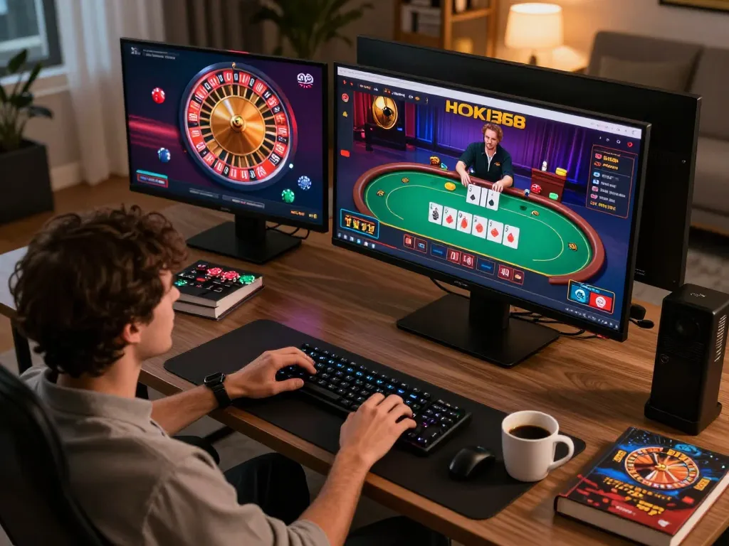 Pengaturan permainan online HOKI368, menampilkan suasana roda roulette yang hidup dengan aksi dinamis dan penempatan chip.