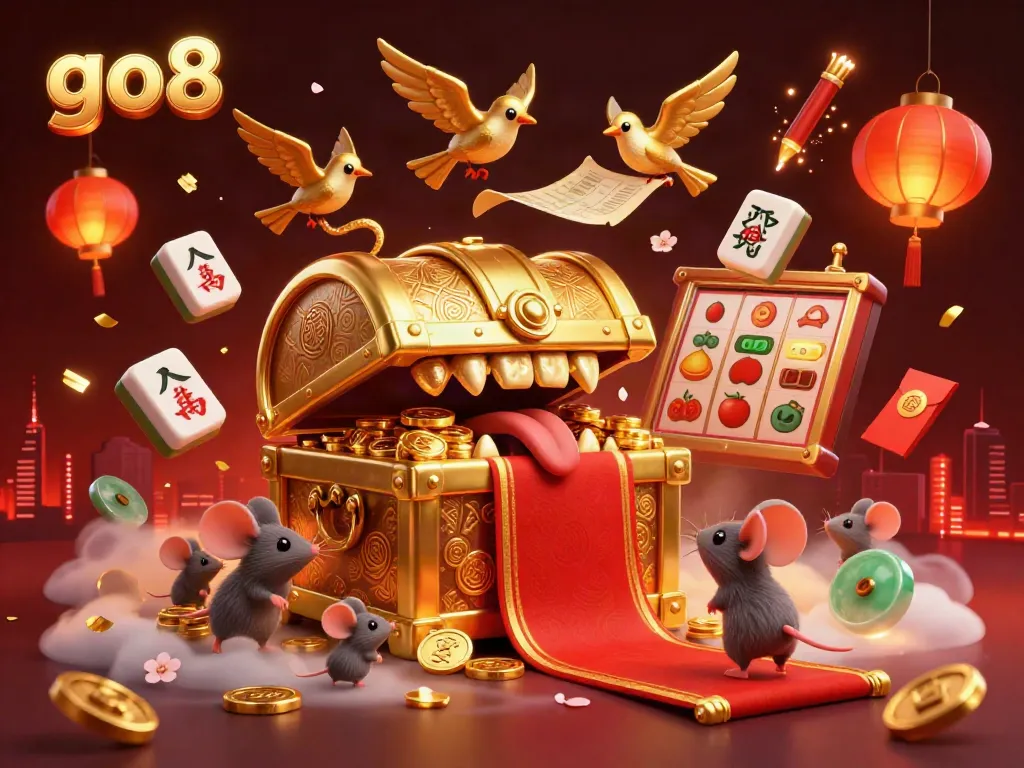 Engage with go8 casino excitement with adventurous mice and a treasure chest in a vibrant gaming scene.