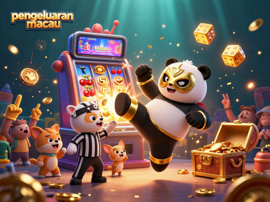 Melihat pengeluaran Macao dalam ilustrasi 3D kartun yang menampilkan panda pegulat dan suasana kasino yang meriah.