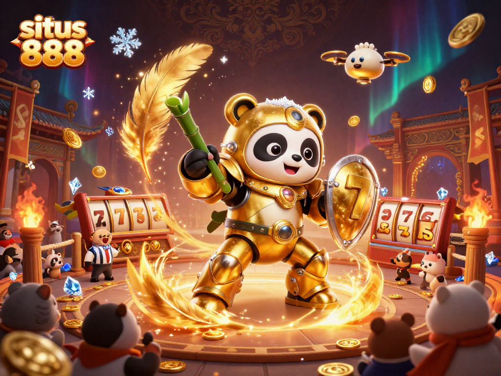 situs 888 slots in a dynamic scene with a golden panda robot, cheering crowds, and colorful gambling symbols.