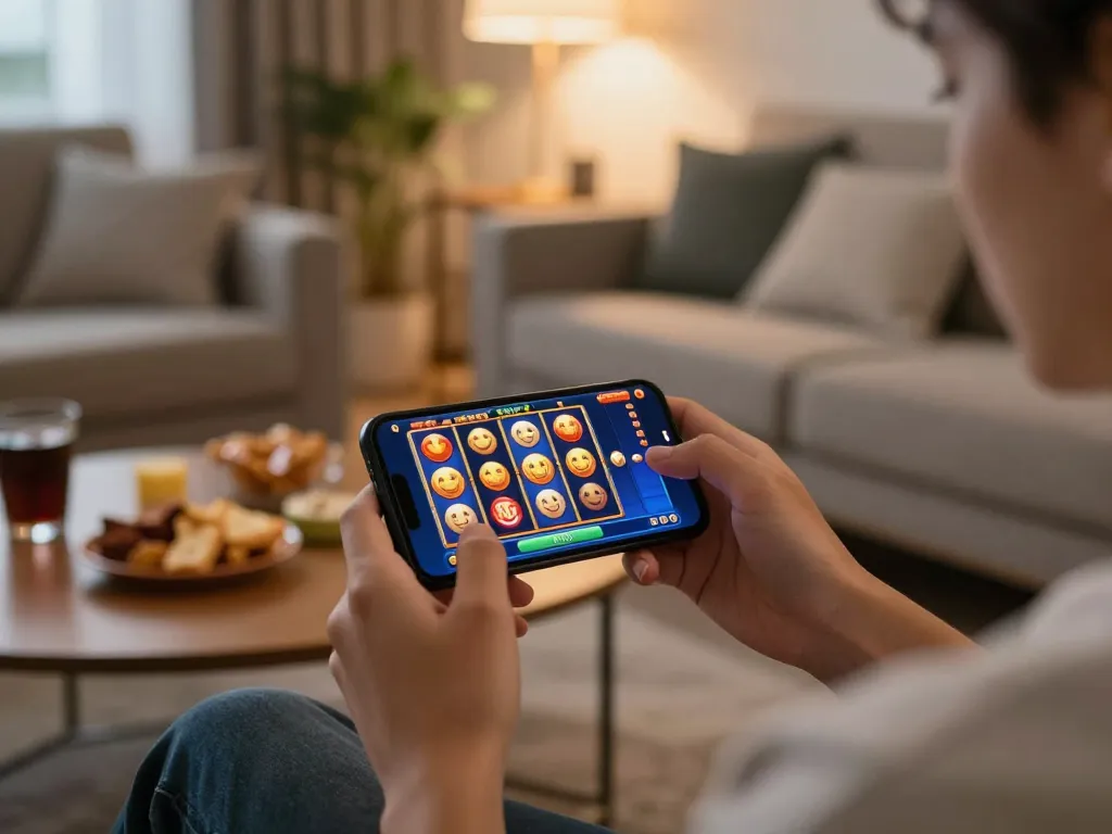 Engaging moment of playing BERLIAN889 mobile slots at home, showcasing exciting winning action