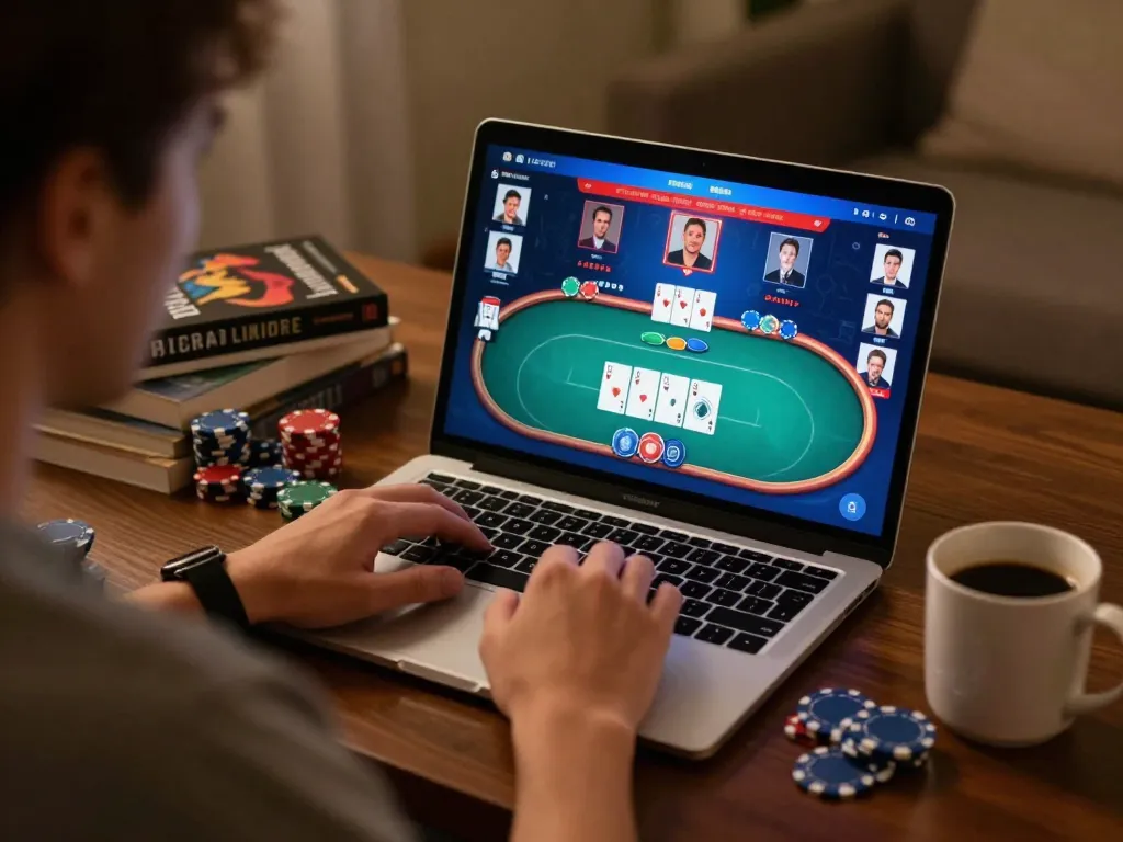 UGDEWA players engaging in an online poker game at home, showcasing strategy and excitement in a cozy setting.
