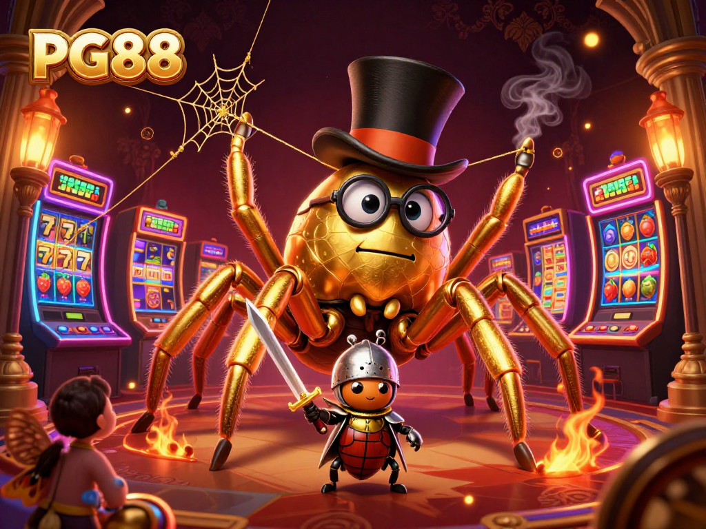 Engage with PG88's vibrant slot world, featuring colorful slot machines, a golden spider character, and a knight.