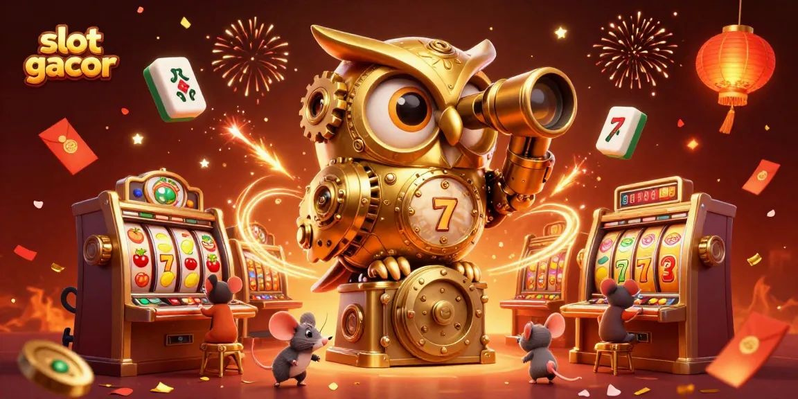 Slot gacor menampilkan burung hantu emas berjamur di kasino dengan mesin slot penuh warna.