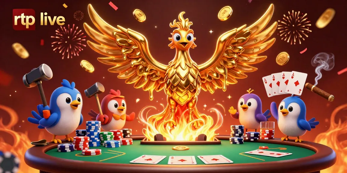 Unveil rtp live gaming excitement with a molten phoenix, poker elements, and festive vibes.