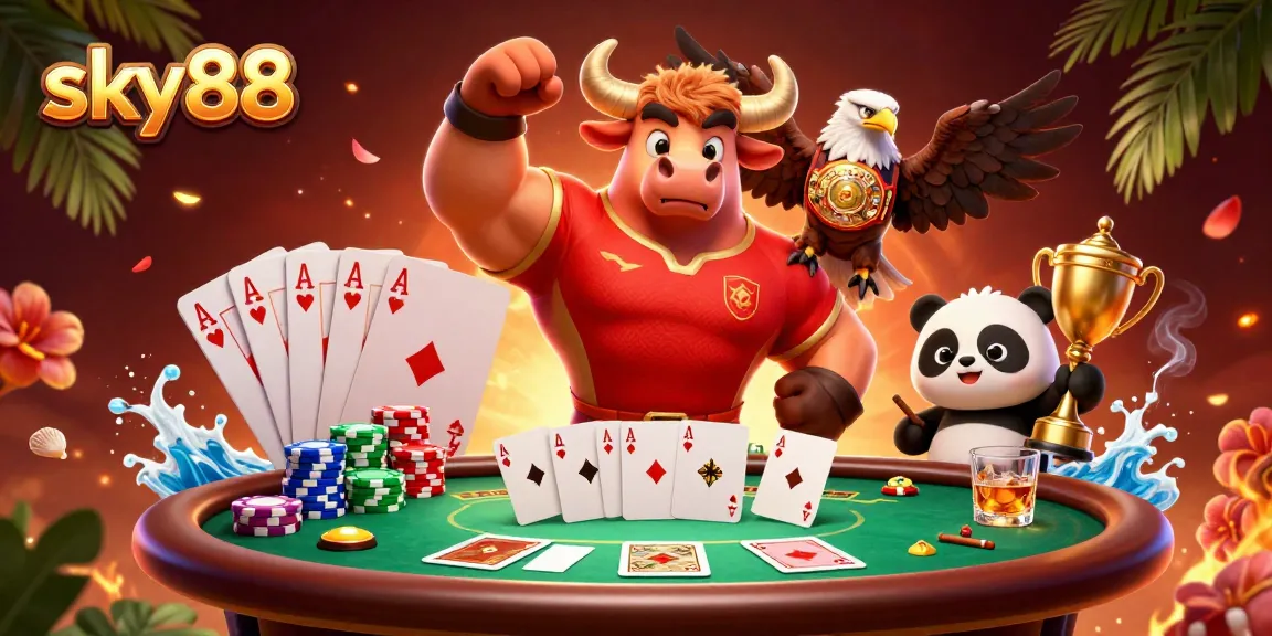 sky88 showcases a victorious bull mascot celebrating wins at a vibrant poker scene with colorful chips