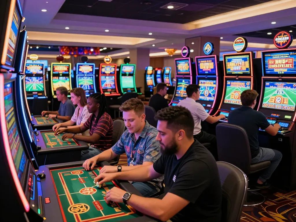 Exciting online gaming atmosphere at 78win casino with players engaged in sports betting and slot machines.