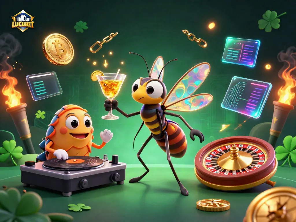 LUCUBET showcases a vibrant casino scene with a mascot, DJ, and roulette wheel, illustrating gaming excitement.