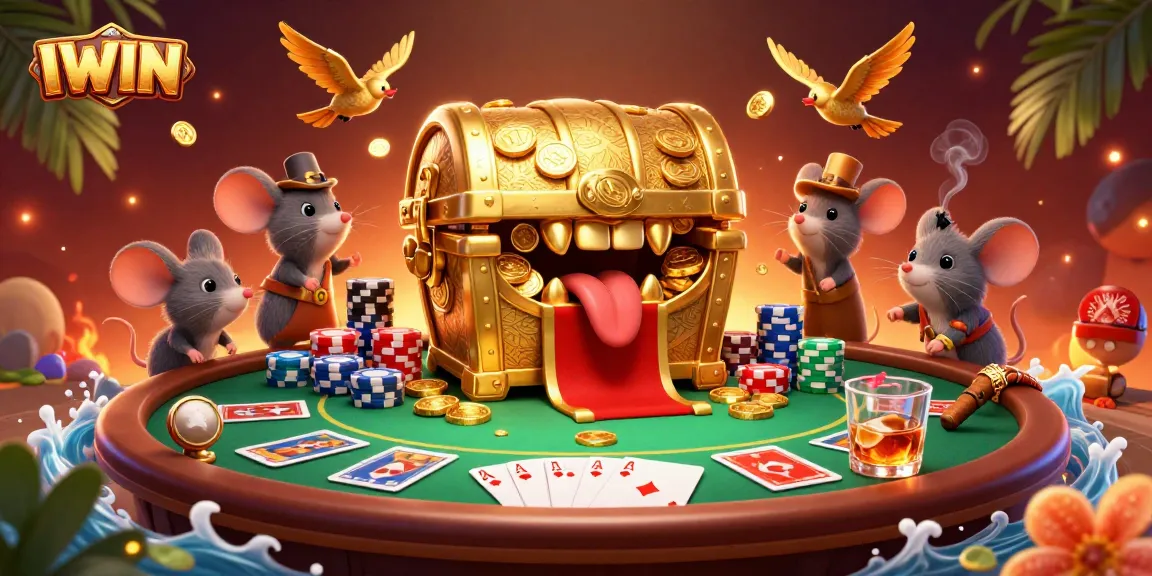 IWIN captivates with an animated treasure chest and poker elements in a vibrant casino scene.