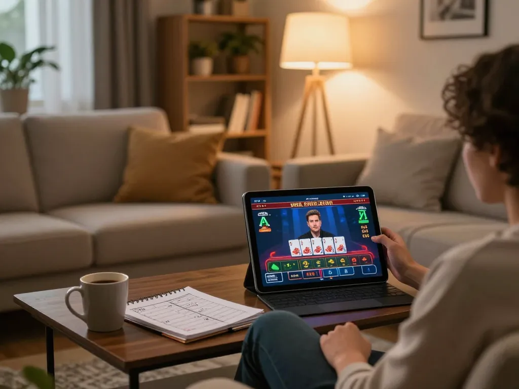 Engaged player on alo88 eu com enjoying live dealer game on tablet in cozy home setup.