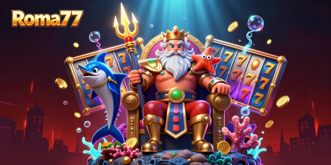 Engage in exciting gameplay with Roma77 featuring vibrant slot machines and a majestic sea king.