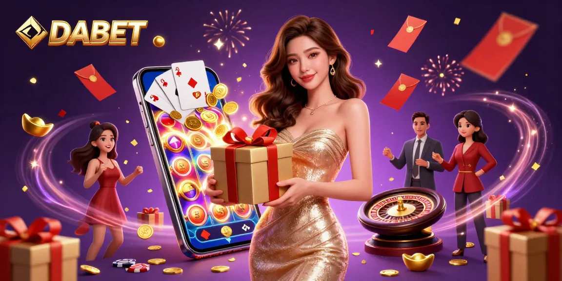 DABET engages players with golden coins and dynamic slot games in a festive casino scene.