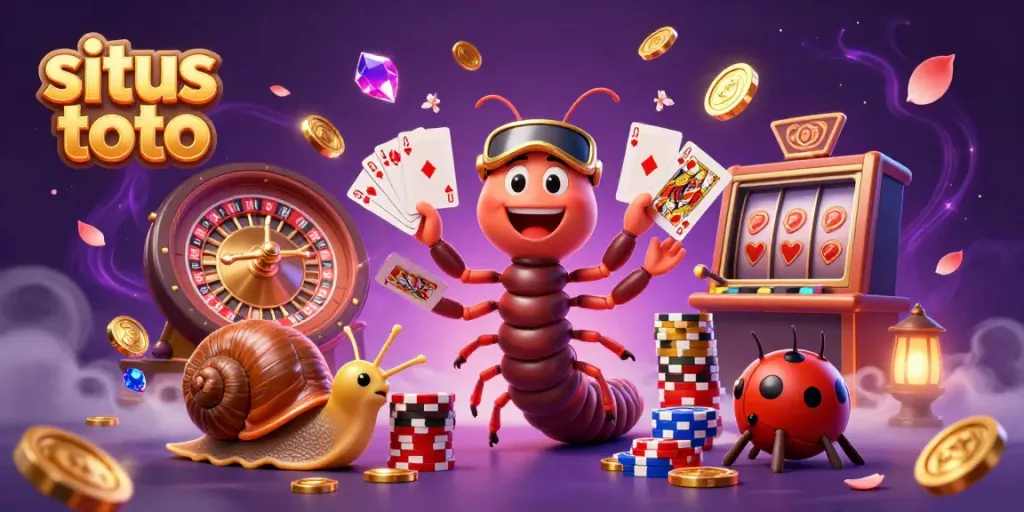 Engage with situs toto featuring a 3D cartoon dealer holding cards and vibrant casino elements.