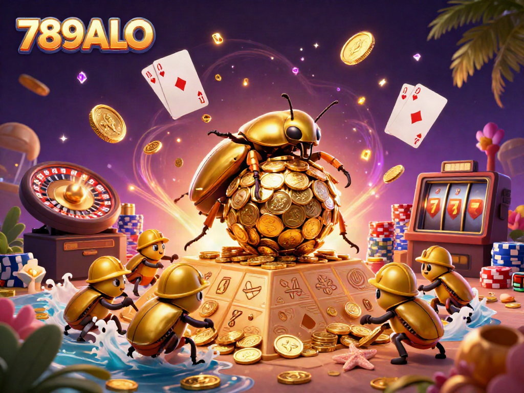 Experience thrilling gameplay at 789ALO with golden coins cascading everywhere in this lively casino scene.
