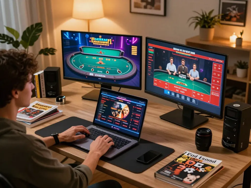 Engaging in online casino gameplay on manclub platform with multiple screens in a modern home setup.