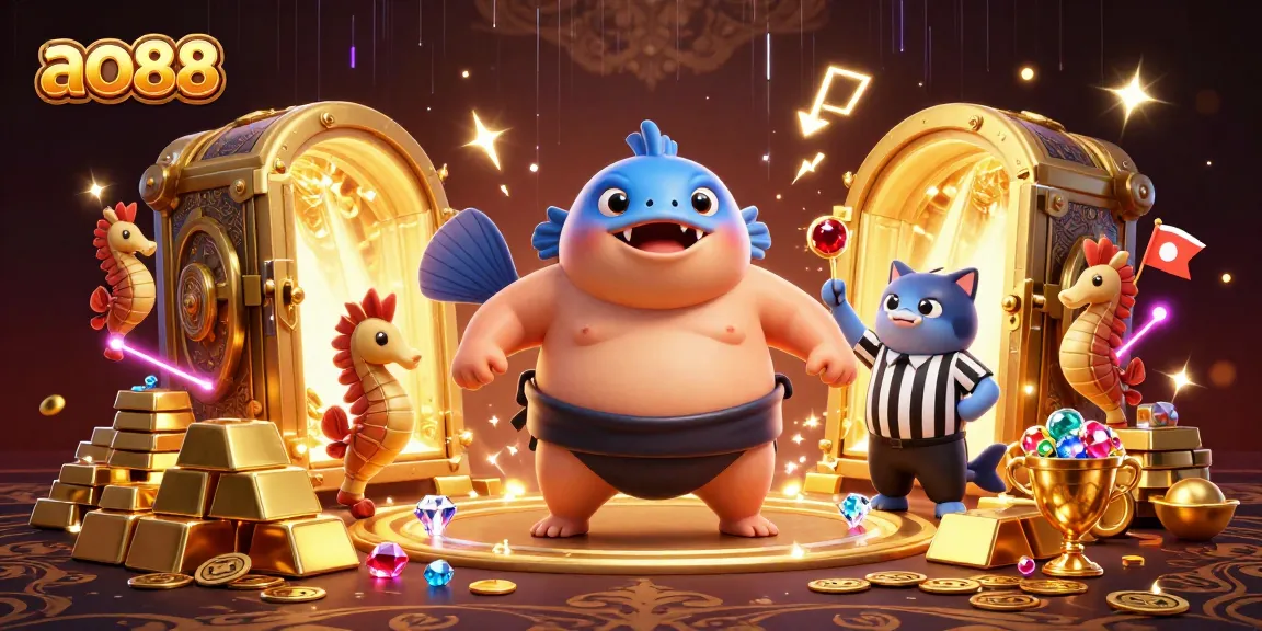 Play at ao88 with cartoon fugu in a vibrant casino underwater scene filled with treasures.