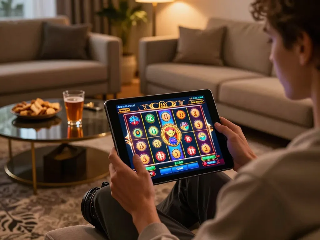 IDNSCORE player enjoying an online slot game on tablet in cozy home setting, emphasizing responsible gaming.