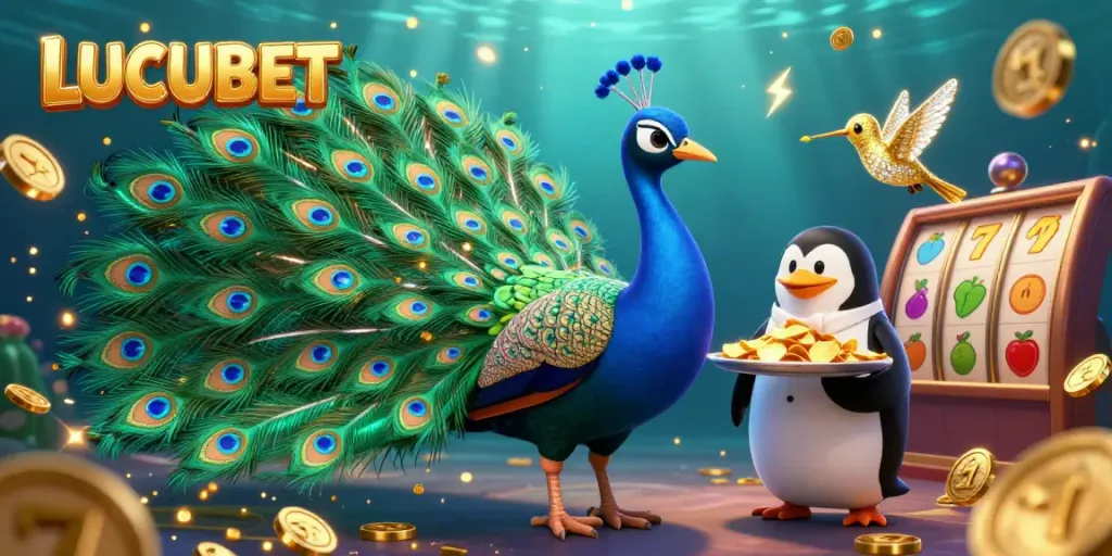 Experience the vibrant world of LUCUBET with a peacock, penguin, and hummingbird surrounded by slot game elements.