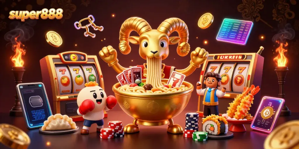 Slot yang menguntungkan di super888 dengan karakter lucu dan elemen kasino menyala.