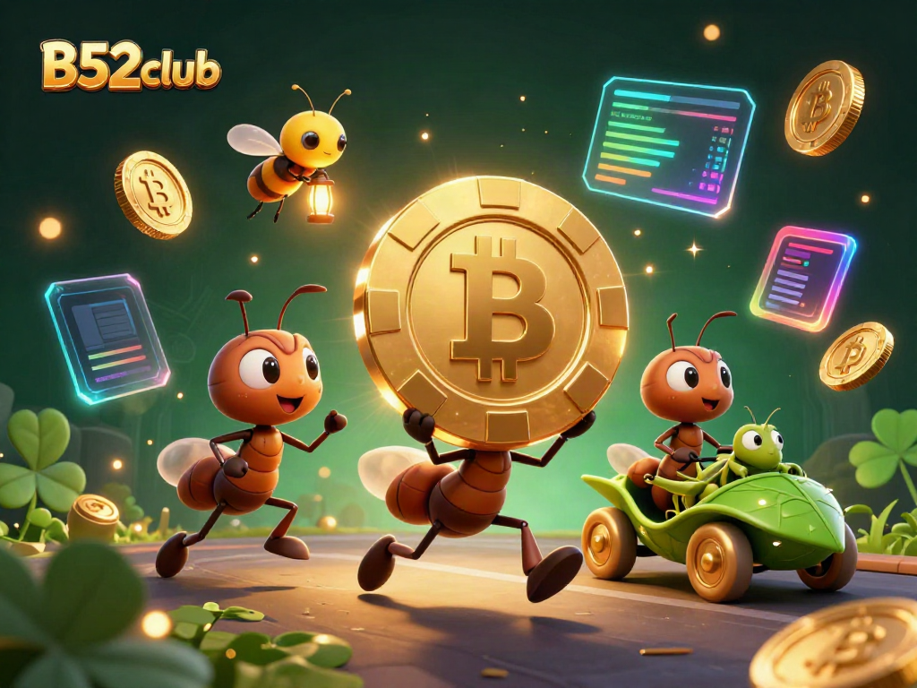 Engage in thrilling gameplay at B52club with animated ants carrying oversized poker chips.