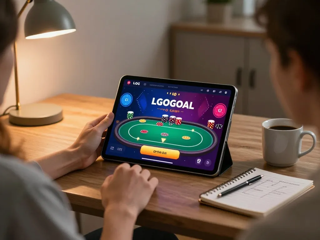 Engaging with LGOGOAL poker app on tablet, showcasing vibrant graphics in a cozy setting