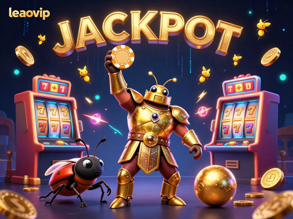 Experience big wins with leaovip, where a triumphant beetle celebrates a jackpot in a vibrant casino scene.