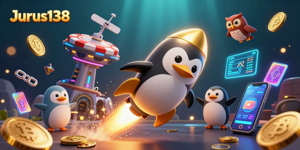Engage with Jurus138's vibrant casino universe featuring a golden penguin and crypto elements.