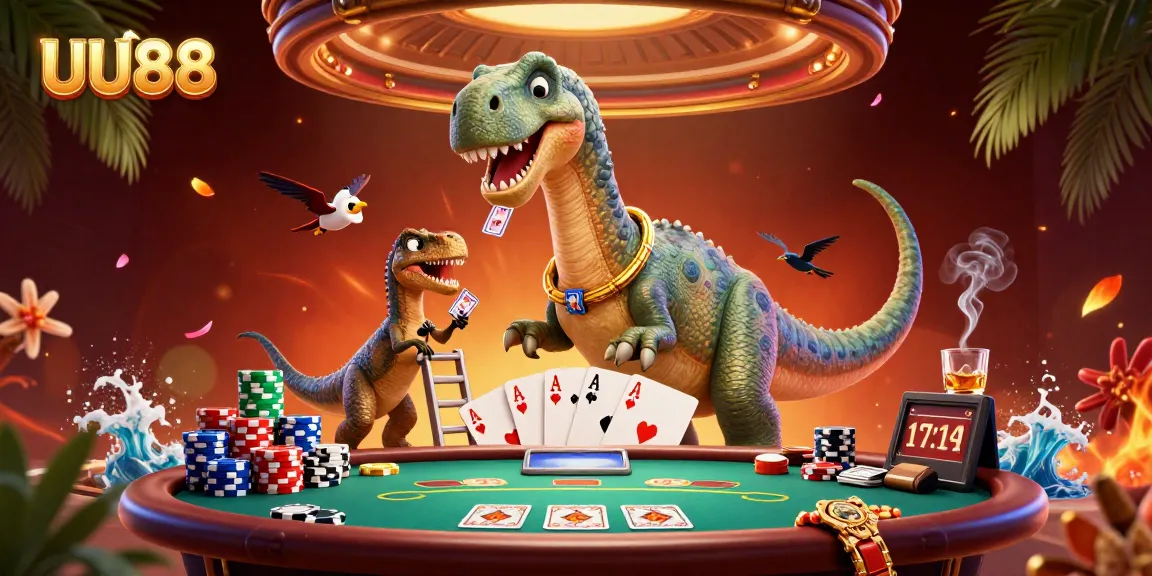 UU88 casino scene with a brontosaurus and raptor dealer amidst poker excitement