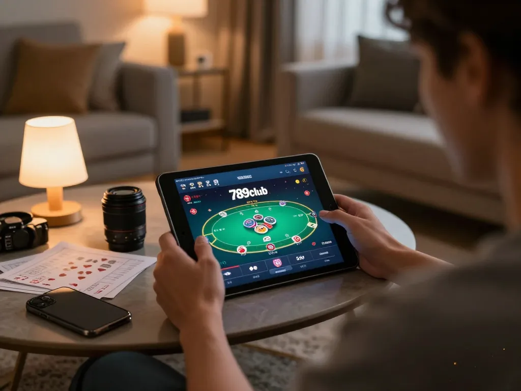 Engaging in online gaming on the 789club app, showcasing strategic elements and home comfort