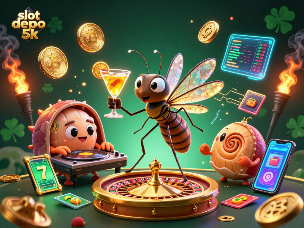 Experience the thrill of slot depo 5k with animated casino characters in a vibrant digital illustration.