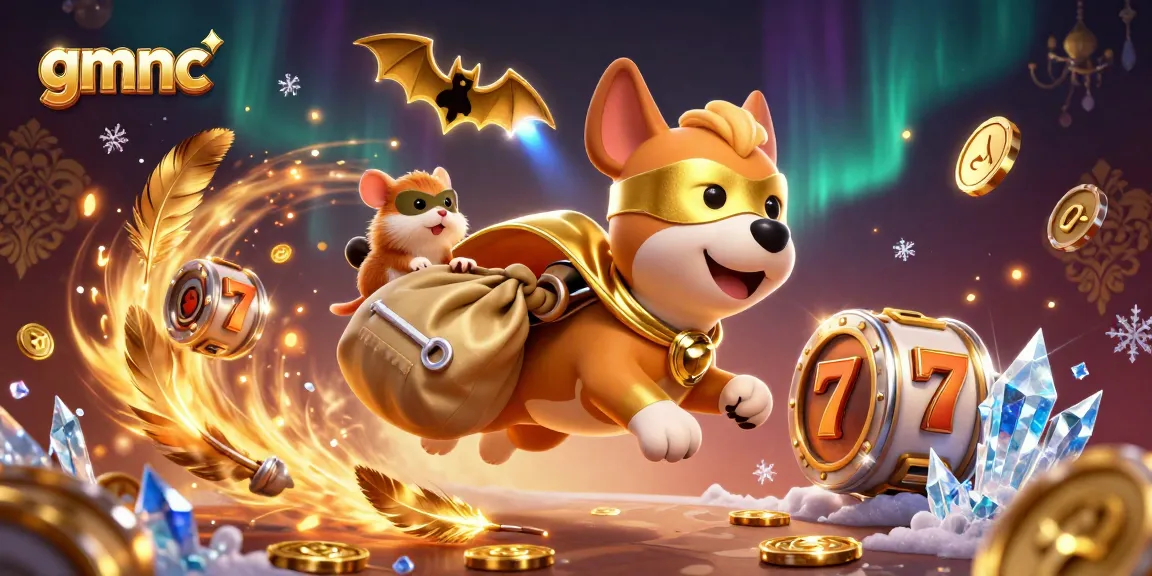 Win big with gmnc as a superhero dog flies through a vibrant casino scene filled with jackpots and excitement.