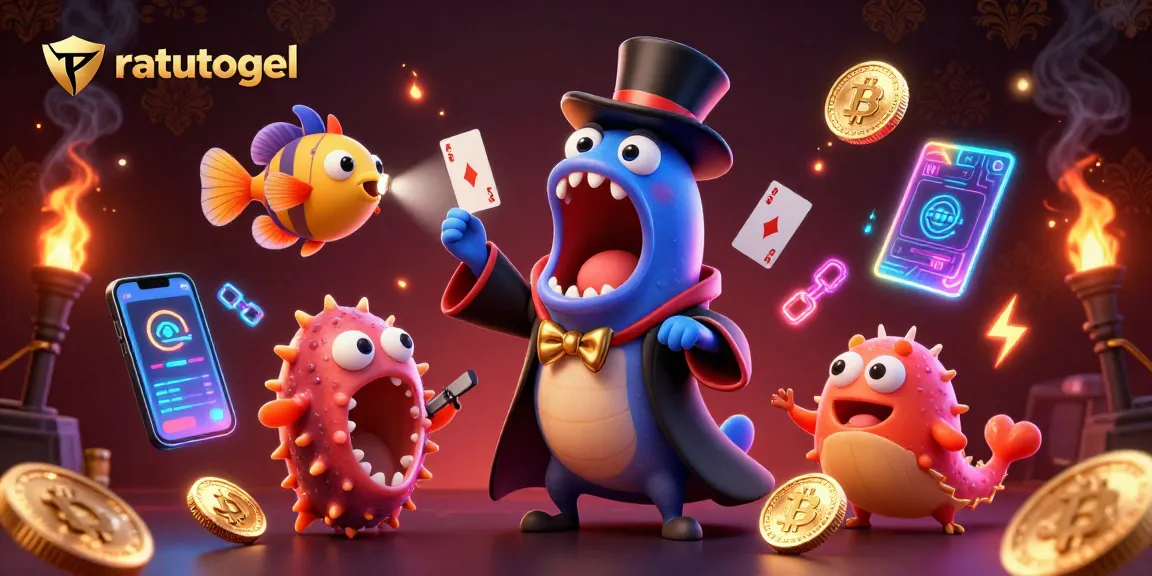Engage with ratutogel as a bioluminescent eel and anglerfish perform thrilling magic tricks in a vibrant casino scene.